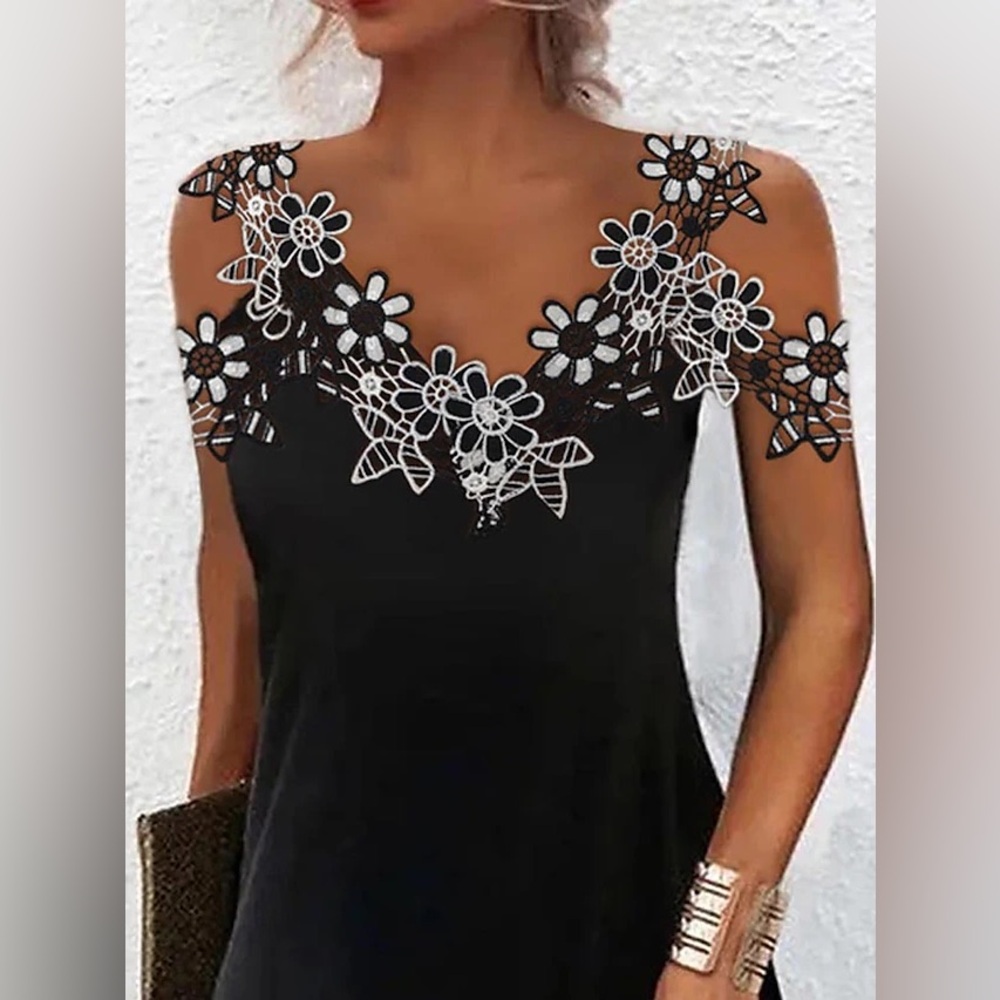 NWOT SHEIN Embroidered B&W Lace Floral Patchwork Cold Shoulder Hollow Out Mini S